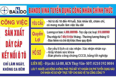 Công ty TNHH Bando Vina tuyển dụng