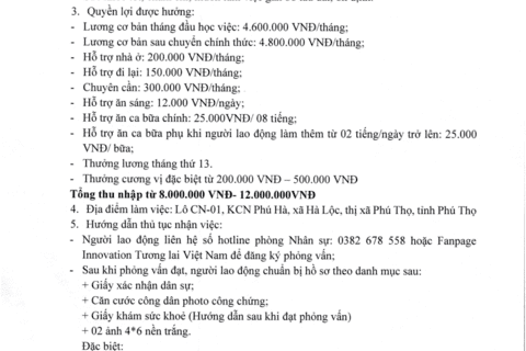 CÔNG TY TNHH INNOVATION TƯƠNG LAI VIỆT NAM TUYỂN DỤNG