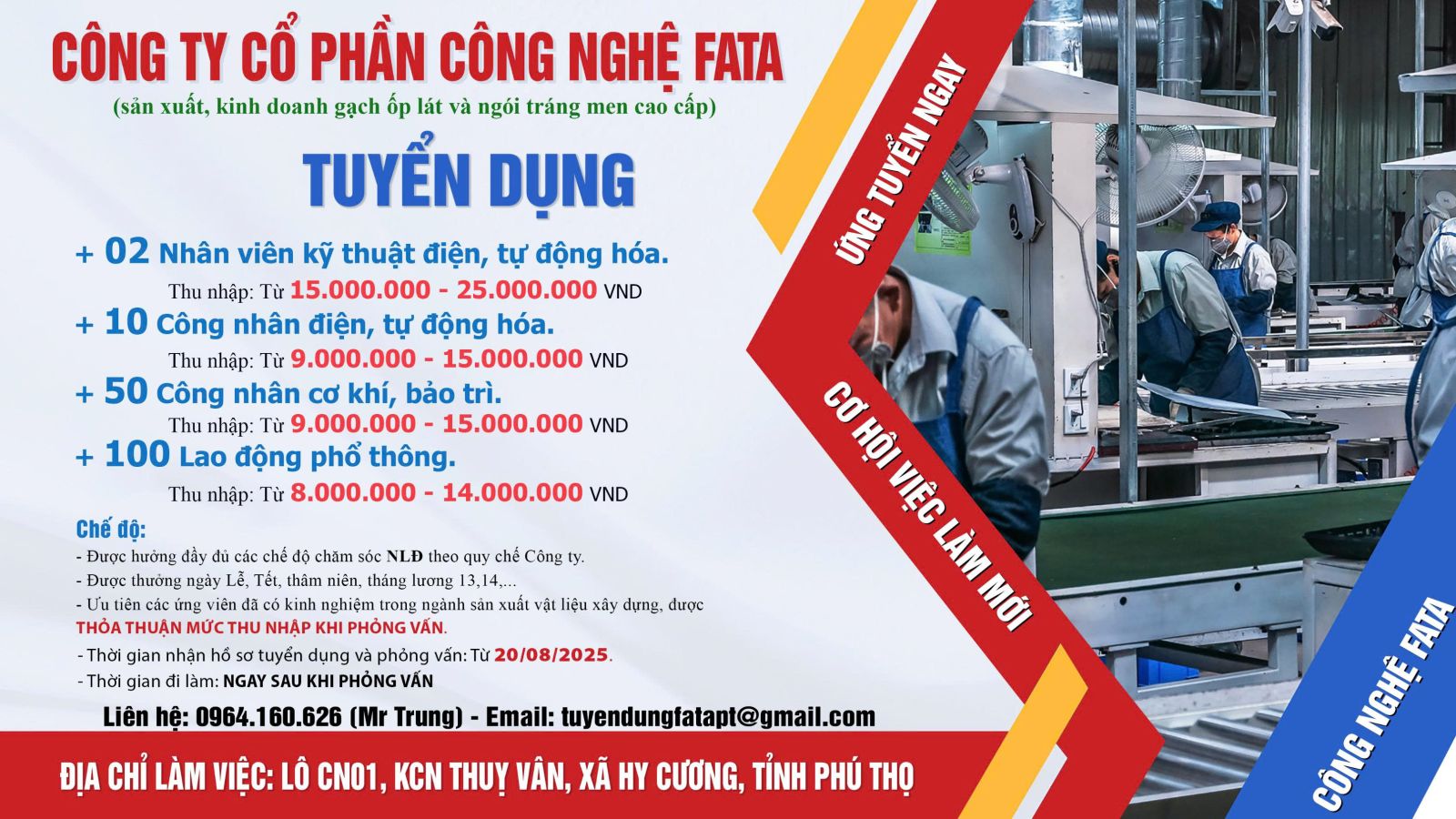 Công ty cổ phần công nghệ FATA tuyển dụng lao động